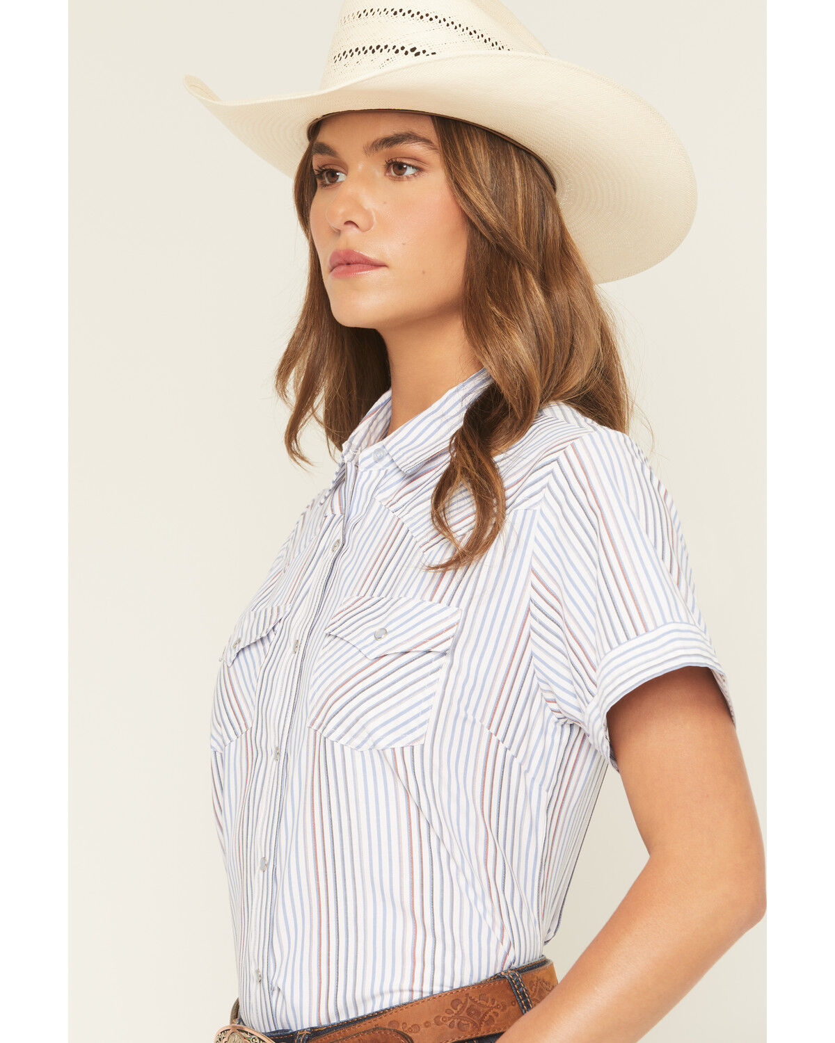 Image #2 - Ely Walker Women's Striped Short Sleeve Pearl Snap Western Shirt, Multi, hi-res