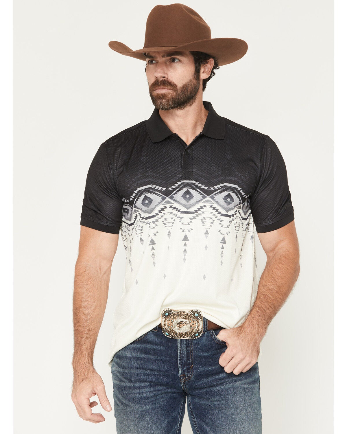 RANK 45&reg; Men's Elko Southwestern Border Print Short Sleeve Button-Down Polo Shirt, Black, hi-res