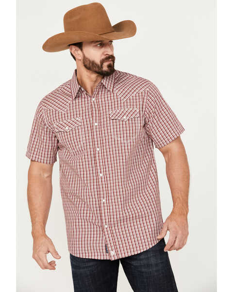 Image #1 - Moonshine Spirit Men's Stage Light Plaid Print Short Sleeve Western Pearl Snap Shirt, Red, hi-res