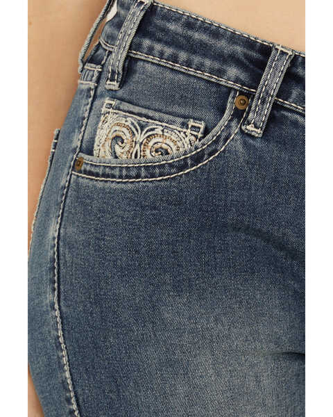 Image #4 - Rock & Roll Denim Women's Medium Wash Mid Rise Leather Embroidered Bootcut Stretch Denim Jeans , Medium Wash, hi-res