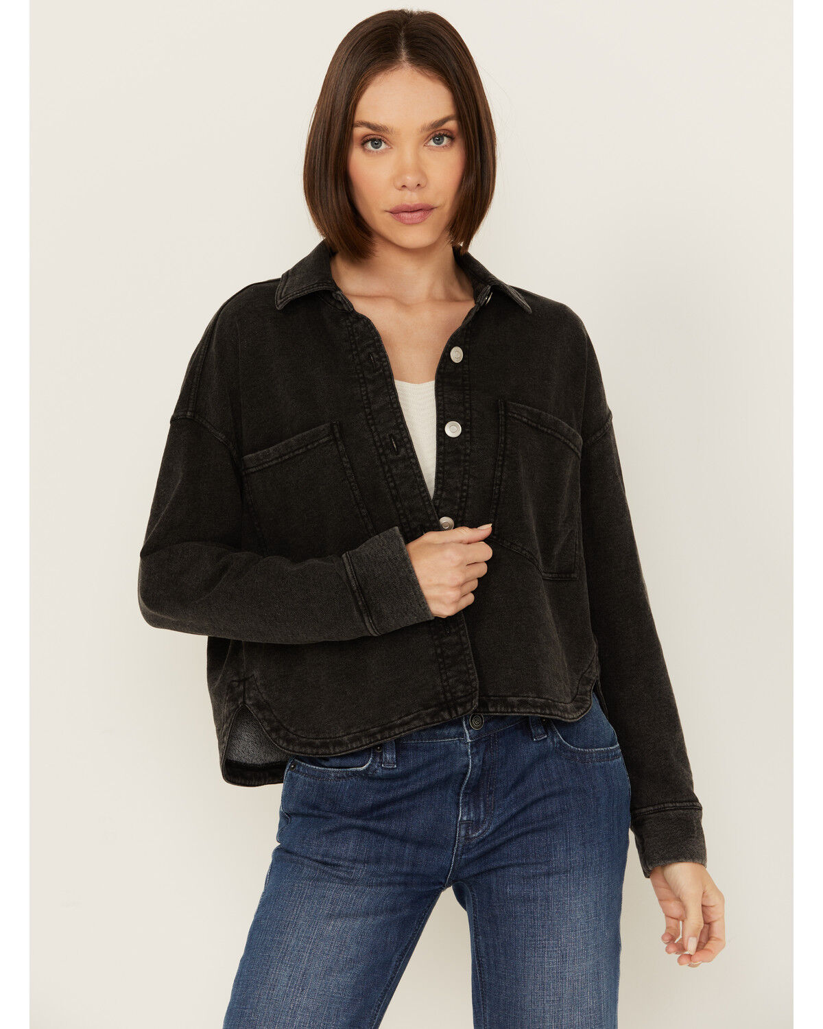 Image #1 - White Crow Women's Denim Knit Cropped Shacket, Black, hi-res