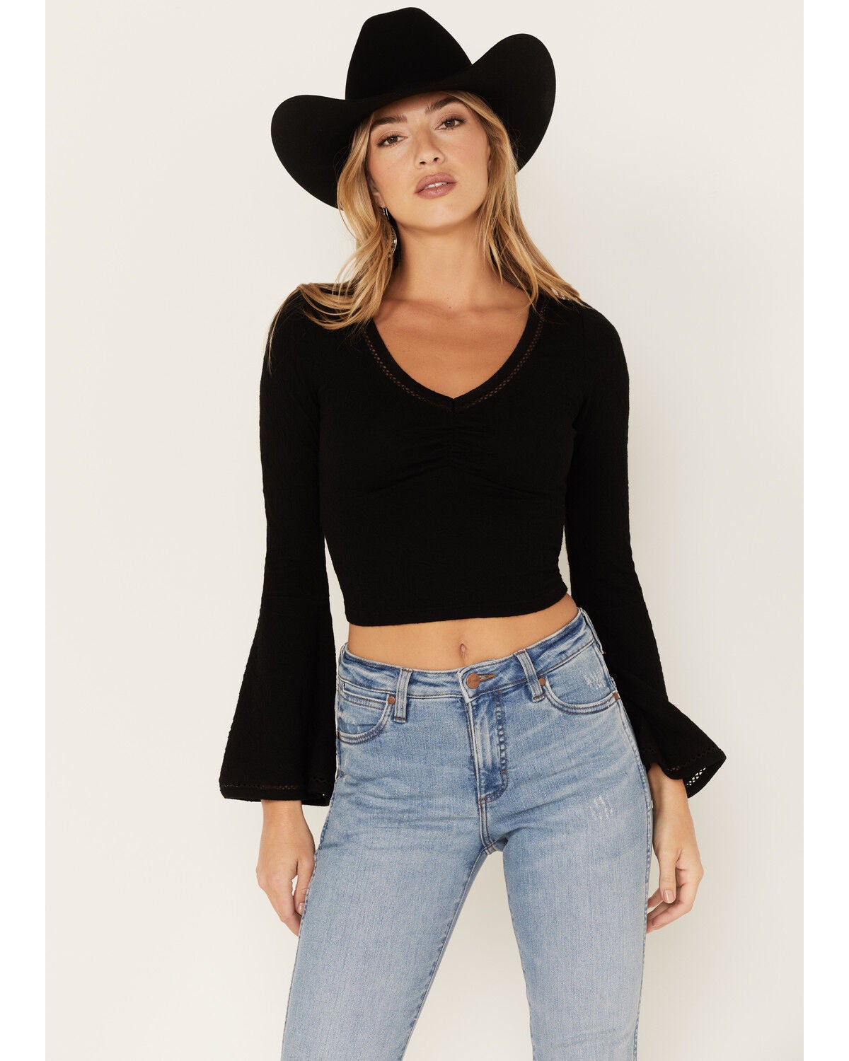 Image #1 - Shyanne Women's Deep V-Neck Bell Sleeve Crop Top, Black, hi-res