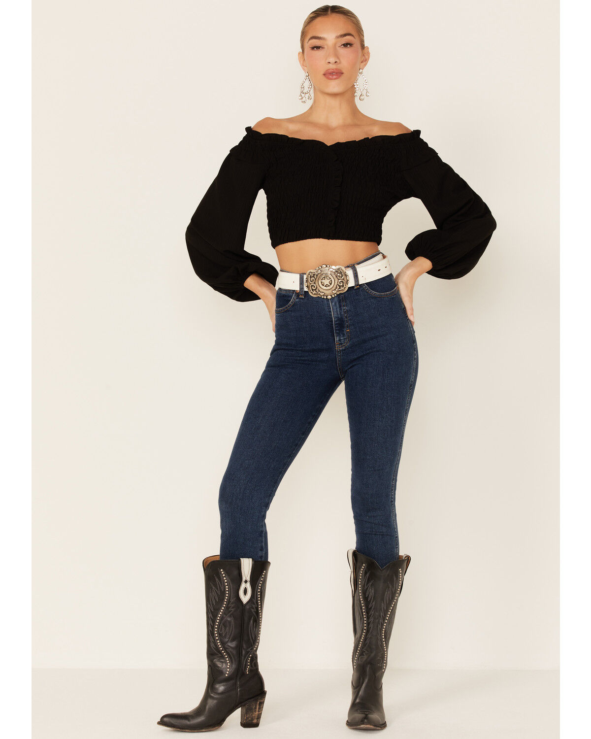 Image #4 - Flying Tomato Women's Solid Off The Shoulder Smocked Crop Long Sleeve Top, , hi-res