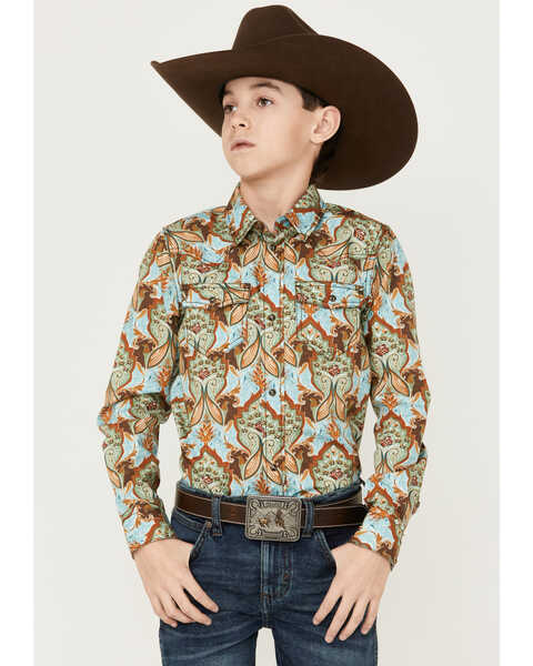 Cody James Boys' Paisley Print Long Sleeve Shirt, Turquoise, hi-res