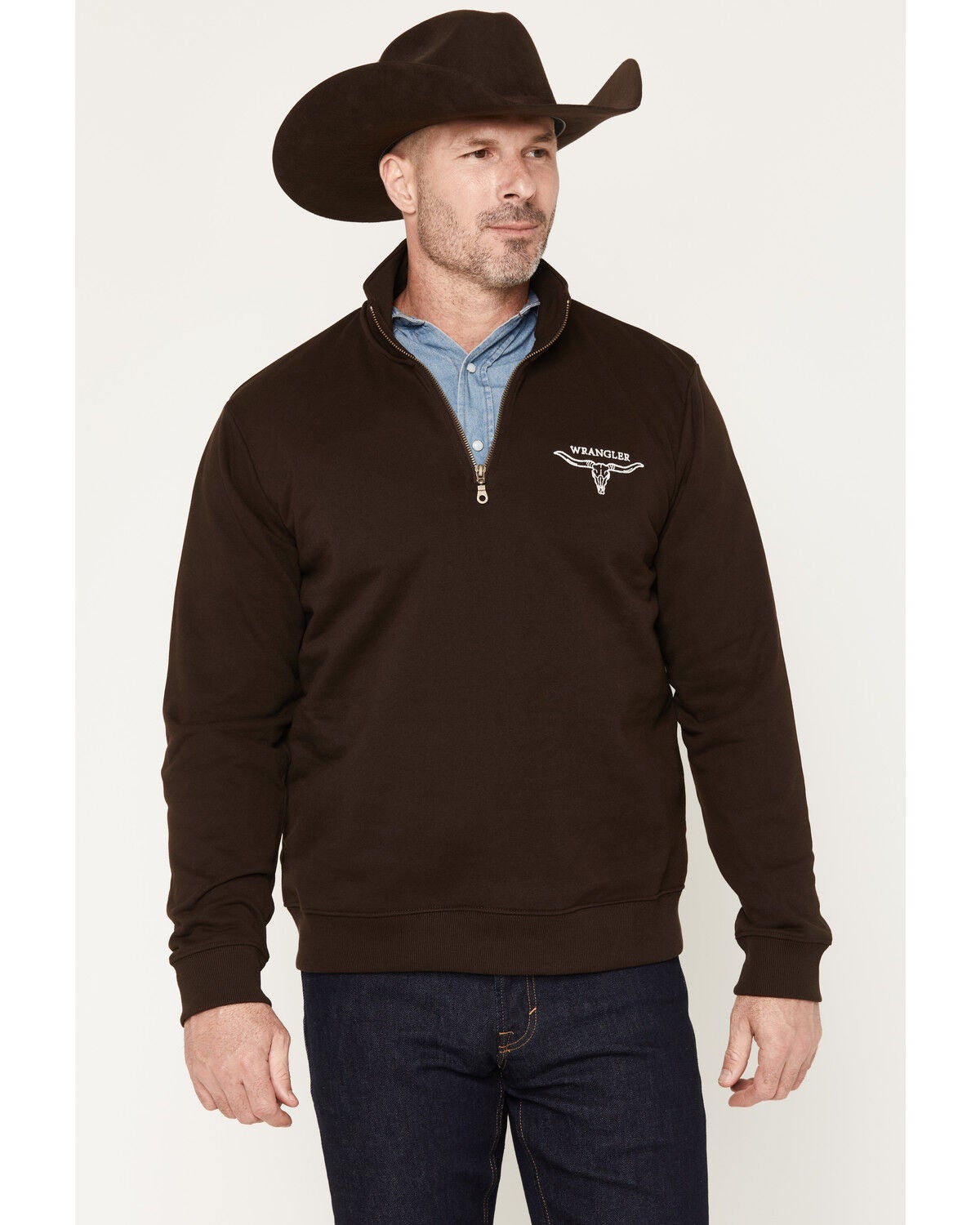 Image #1 - Wrangler Men's Solid Steer Head 1/4 Zip Pullover, Brown, hi-res