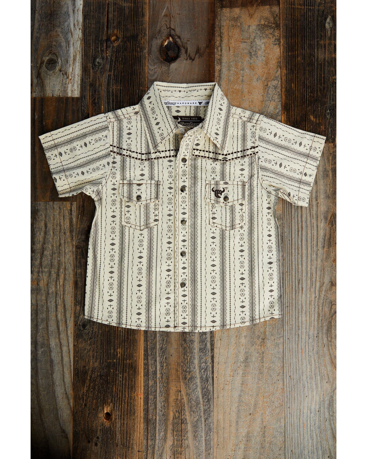 Image #1 - Cowboy Hardware Toddler Boys' Southwestern Striped Short Sleeve Snap Stretch Western Shirt, Brown, hi-res