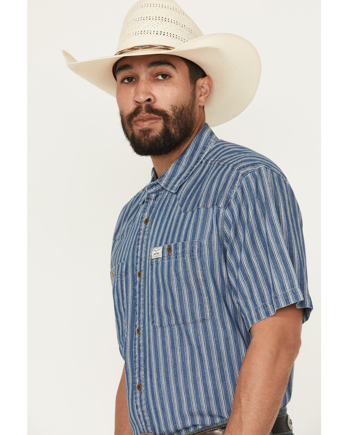Image #2 - Kimes Ranch Men's Shifter Striped Print Short Sleeve Button-Down Western Shirt, Indigo, hi-res