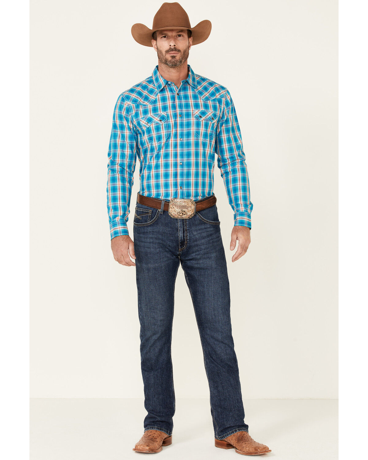 Image #2 - Cody James Men's Briar Patch Plaid Print Long Sleeve Pearl Snap Western Shirt, Teal, hi-res