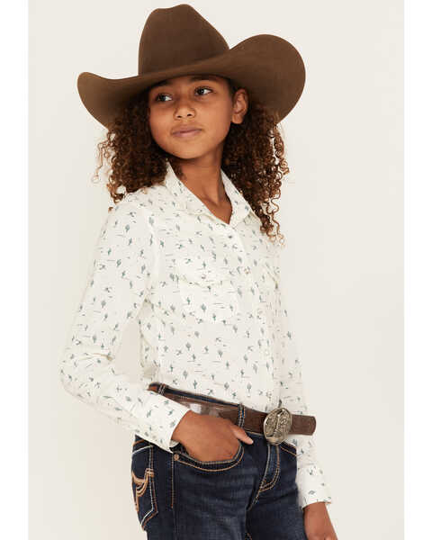 Image #2 - Shyanne Girls' Cactus Print Long Sleeve Western Button-Down Shirt, Ivory, hi-res