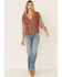 Lovestitch Women's Twin Print Tie Sleeve V-Neck Button Front Top, Red, hi-res