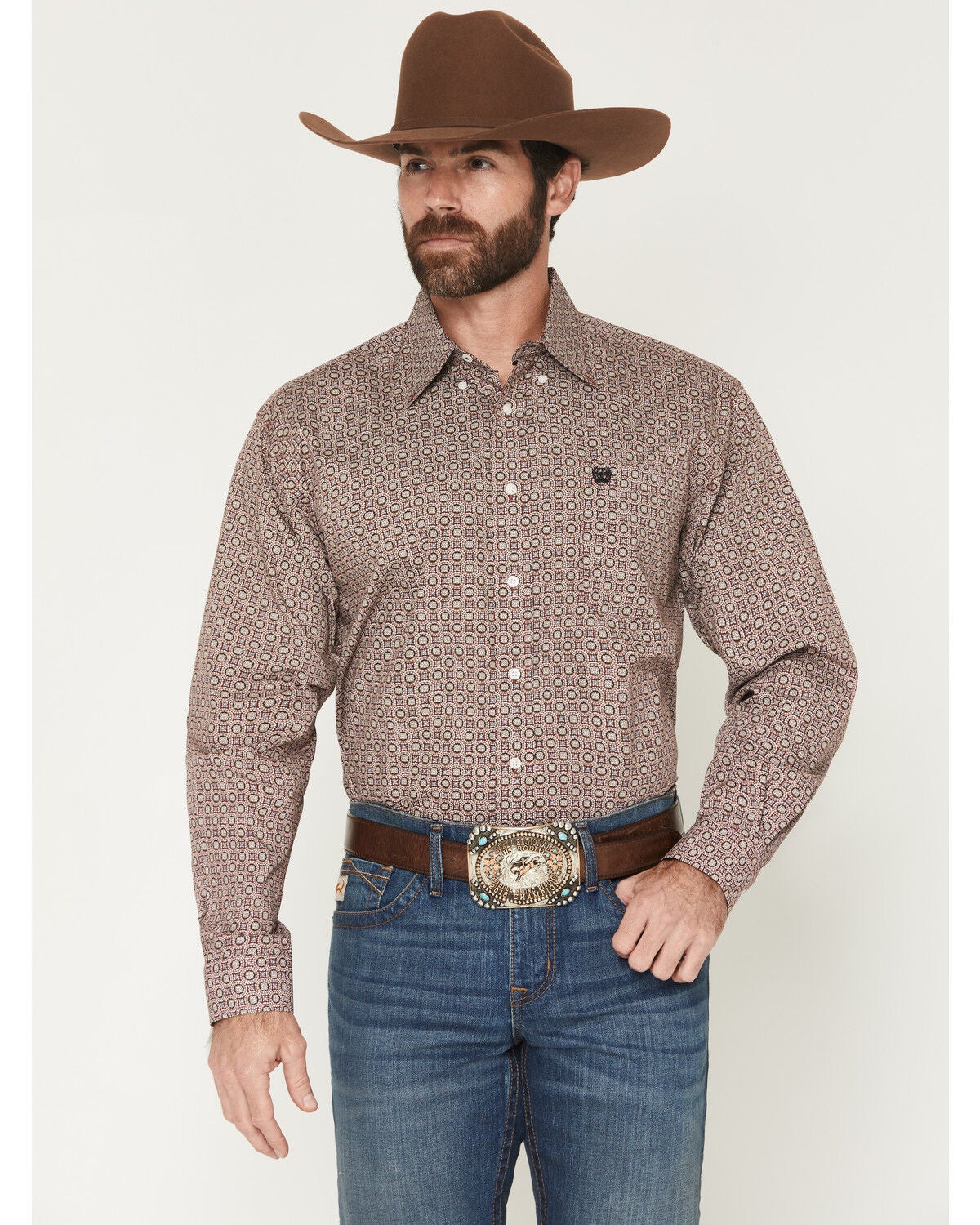 Image #1 - Cinch Men's Medallion Print Long Sleeve Button-Down Western Shirt, Burgundy, hi-res