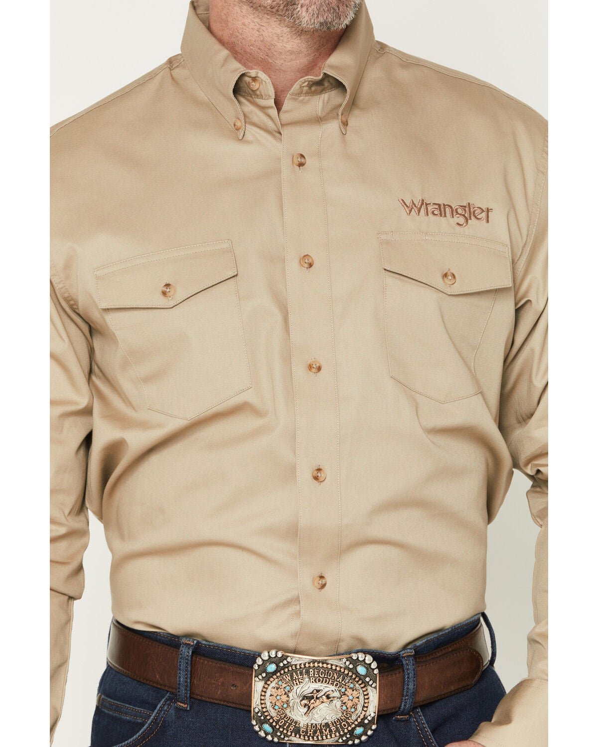 Image #3 - Wrangler Men's Logo Long Sleeve Button-Down Western Shirt, Khaki, hi-res