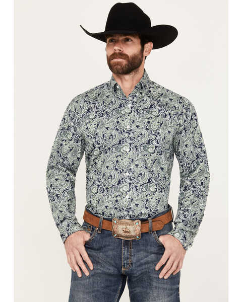 Image #1 - Stetson Men's Paisley Print Long Sleeve Button Down Western Shirt, Sage, hi-res