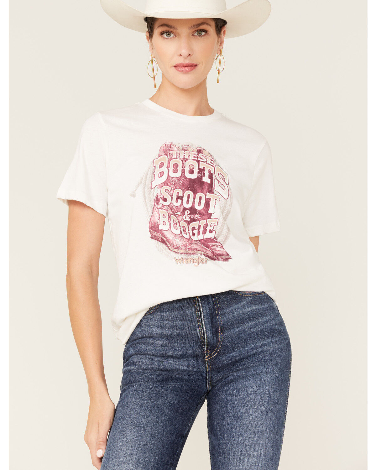 Image #1 - Wrangler Women's Boot Barn Exclusive These Boots Scoot & Boogie Short Sleeve Graphic Tee, Ivory, hi-res