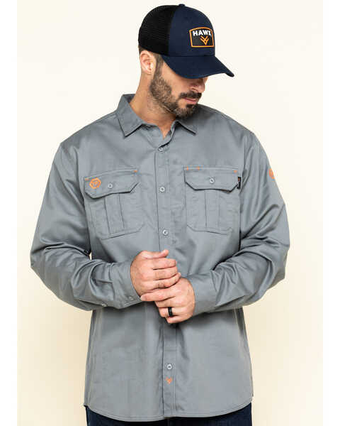 Hawx Men's Solid Grey FR Long Sleeve Woven Work Shirt - 5X Big , Silver, hi-res