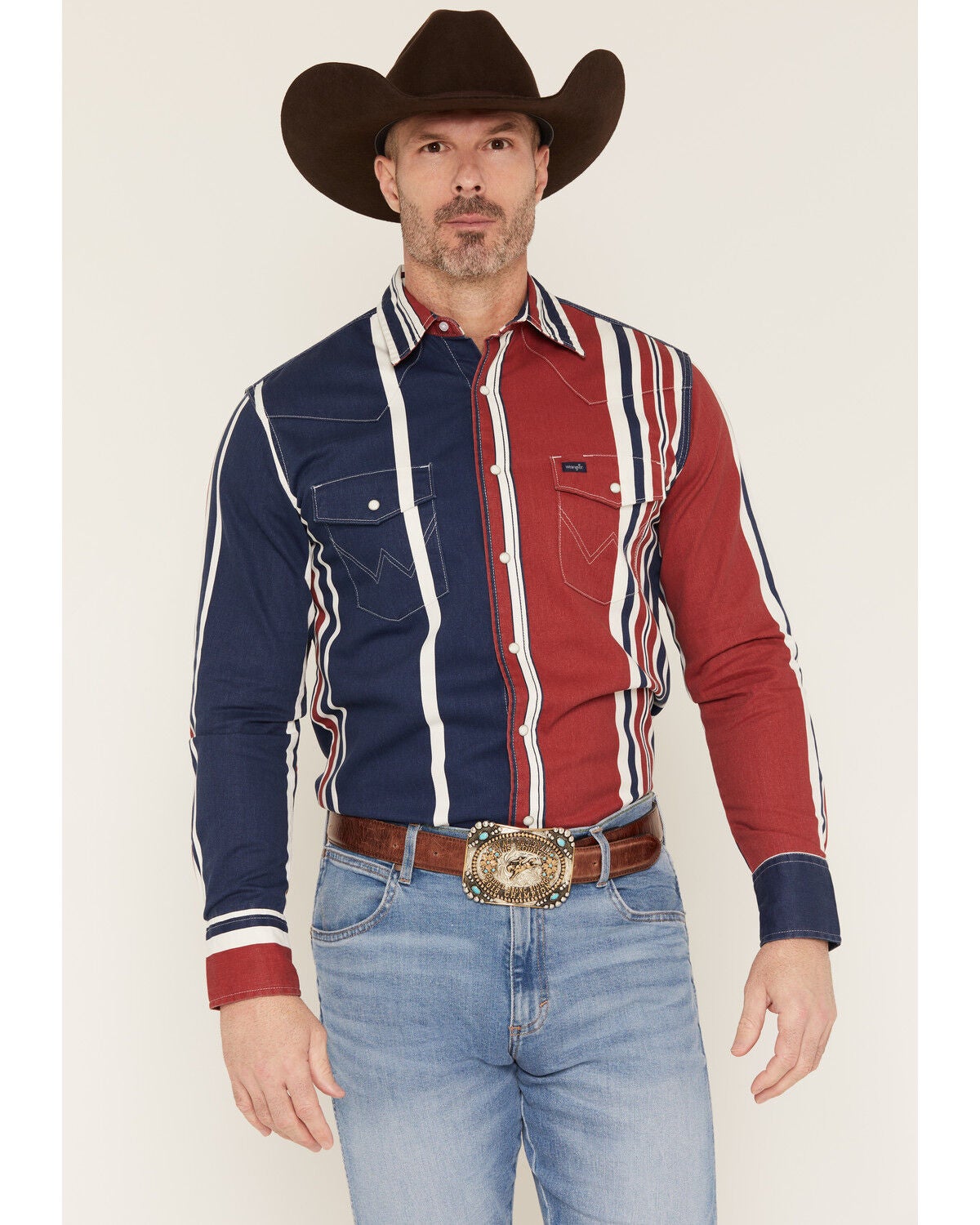 Image #1 - Wrangler Men's Vintage Brushpopper Striped Long Sleeve Snap Western Shirt, Blue, hi-res