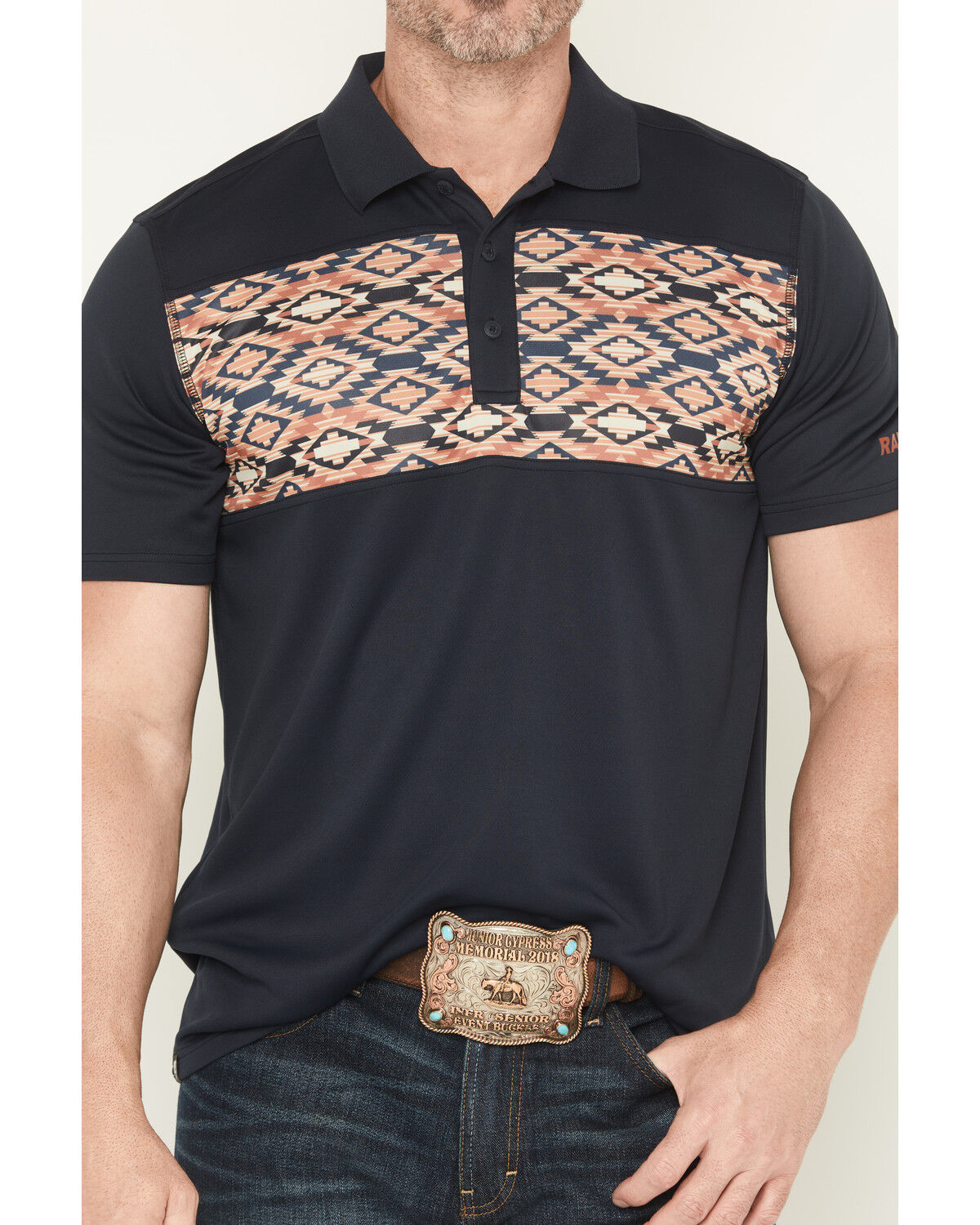 Image #3 - RANK 45® Men's Southwestern Print Border Short Sleeve Button-Down Polo, Navy, hi-res