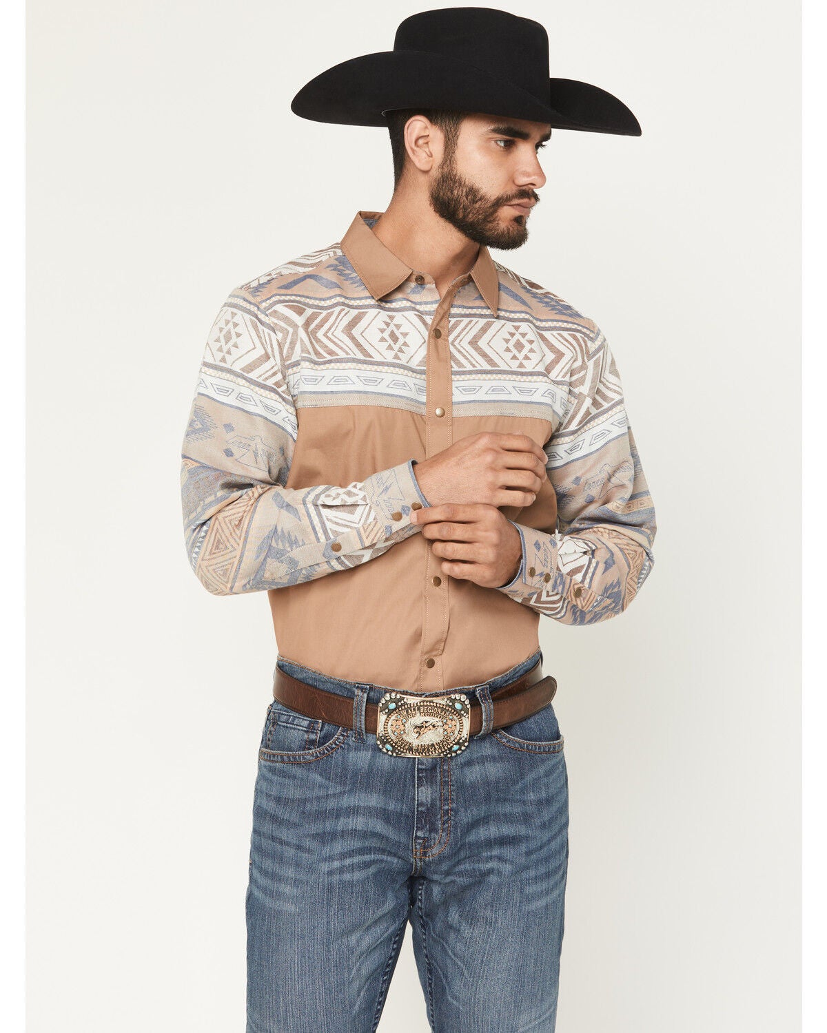 Cody James Men's Bronco Southwestern Block Long Sleeve Snap Western Shirt, Tan, hi-res