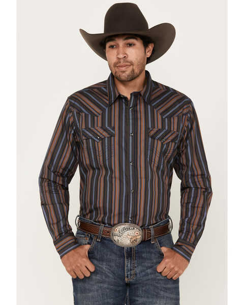Image #1 - Cody James Men's Finals Day Striped Long Sleeve Western Snap Shirt, Navy, hi-res
