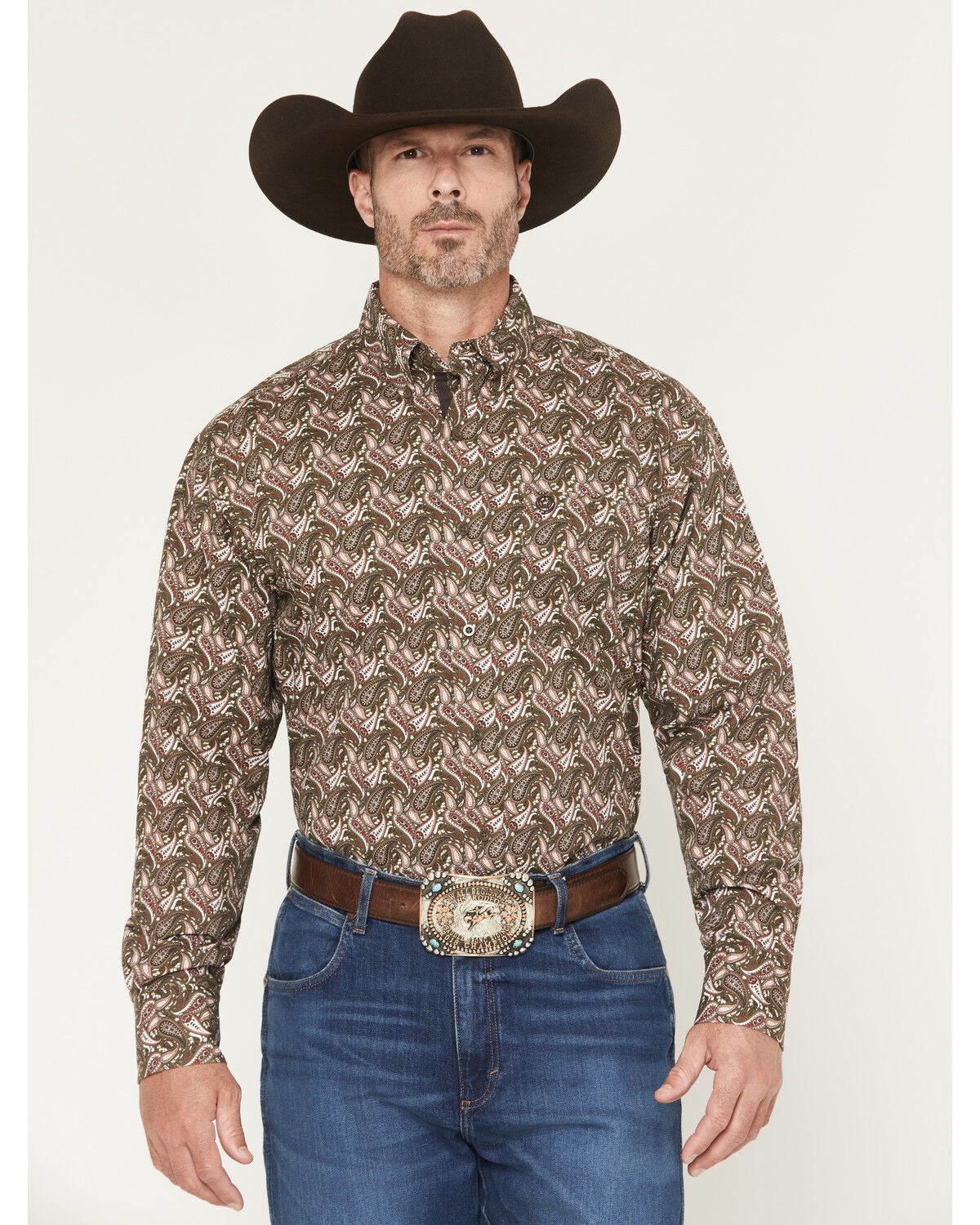 Image #1 - George Strait by Wrangler Men's Paisley Print Long Sleeve Button-Down Stretch Western Shirt - Big, Brown, hi-res