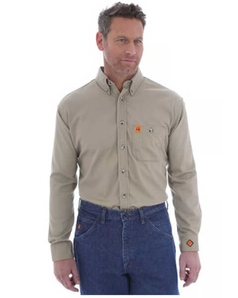 Wrangler FR Riggs Men's Solid Khaki Long Sleeve Button-Down Work Shirt , Beige/khaki, hi-res
