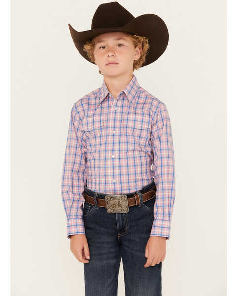 Wrangler Boys' Plaid Print Long Sleeve Pearl Snap Western Shirt, Red, hi-res