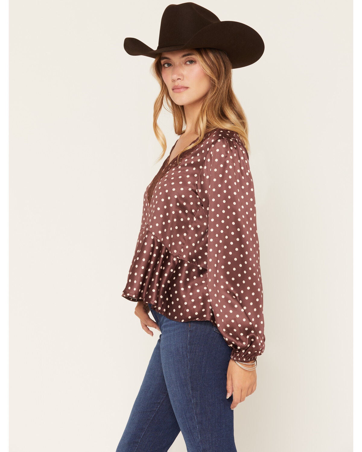 Image #2 - By Together Women's Lace Trim Polka Dot Blouse, Chocolate, hi-res