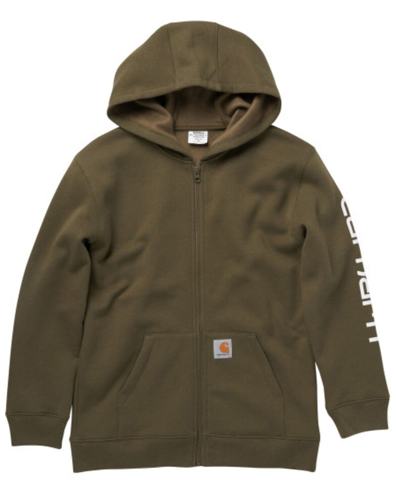 Carhartt Boys' Olive Sleeve Logo Zip-Front Hooded Fleece Sweatshirt , Green, hi-res