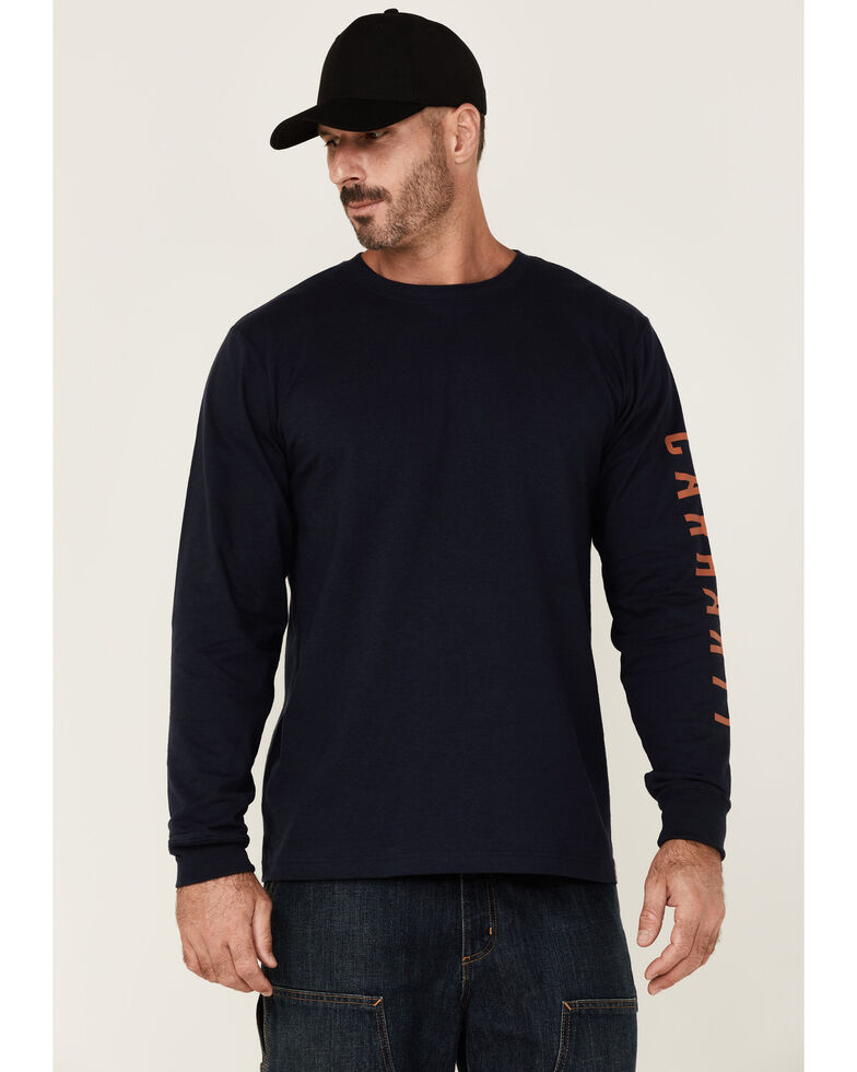 Carhartt Men's Relaxed Fit Heavyweight Logo Graphic Long Sleeve Work T-Shirt , Navy, hi-res