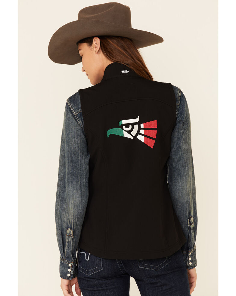 Shyanne Women's Black Mexico Eagle Embroidered Zip-Front Softshell Vest , Black, hi-res