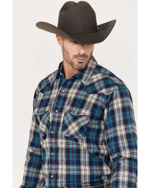 Ariat Men's Huntleigh Retro Plaid Snap Western Flannel Shirt , Blue, hi-res