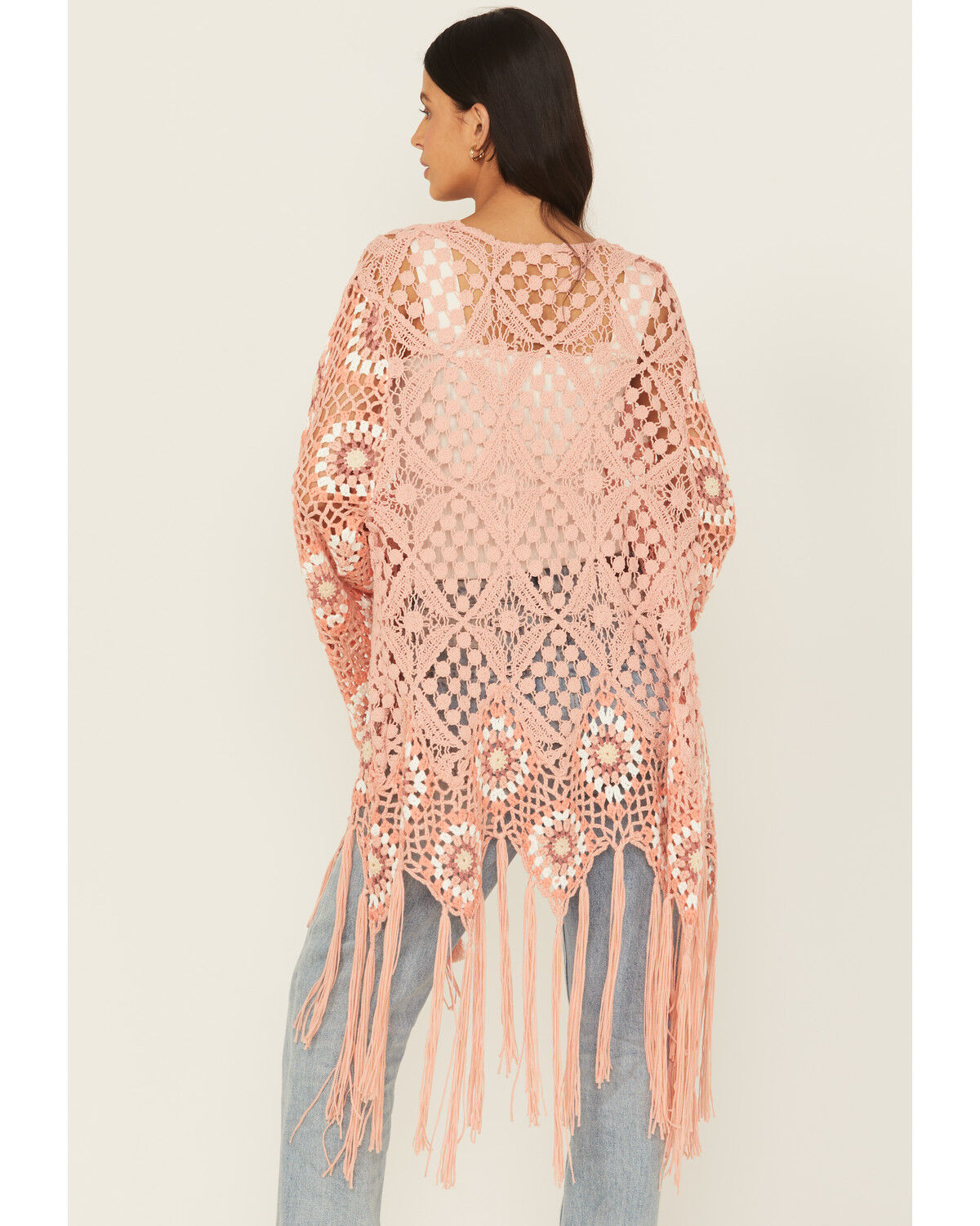 Image #4 - Miss Me Women's Crochet Fringe Kimono, Pink, hi-res