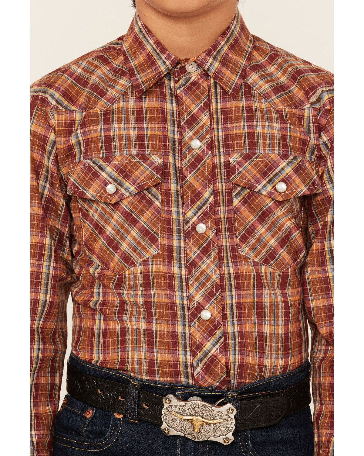 Image #3 - Roper Boys' Plaid Print Long Sleeve Snap Western Shirt, Red, hi-res