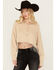 Image #1 - Blue B Women's Rhinestone Fringe Long Sleeve Cropped Henley Shirt, Taupe, hi-res