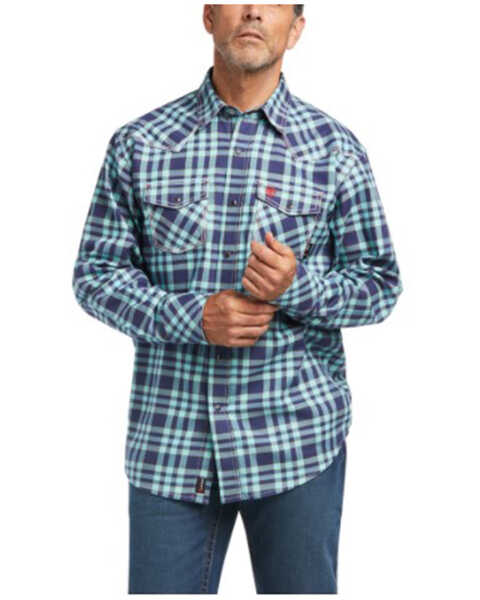 Ariat Men's FR Pontchartrain Retro Plaid Print Long Sleeve Snap Work Shirt , Teal, hi-res
