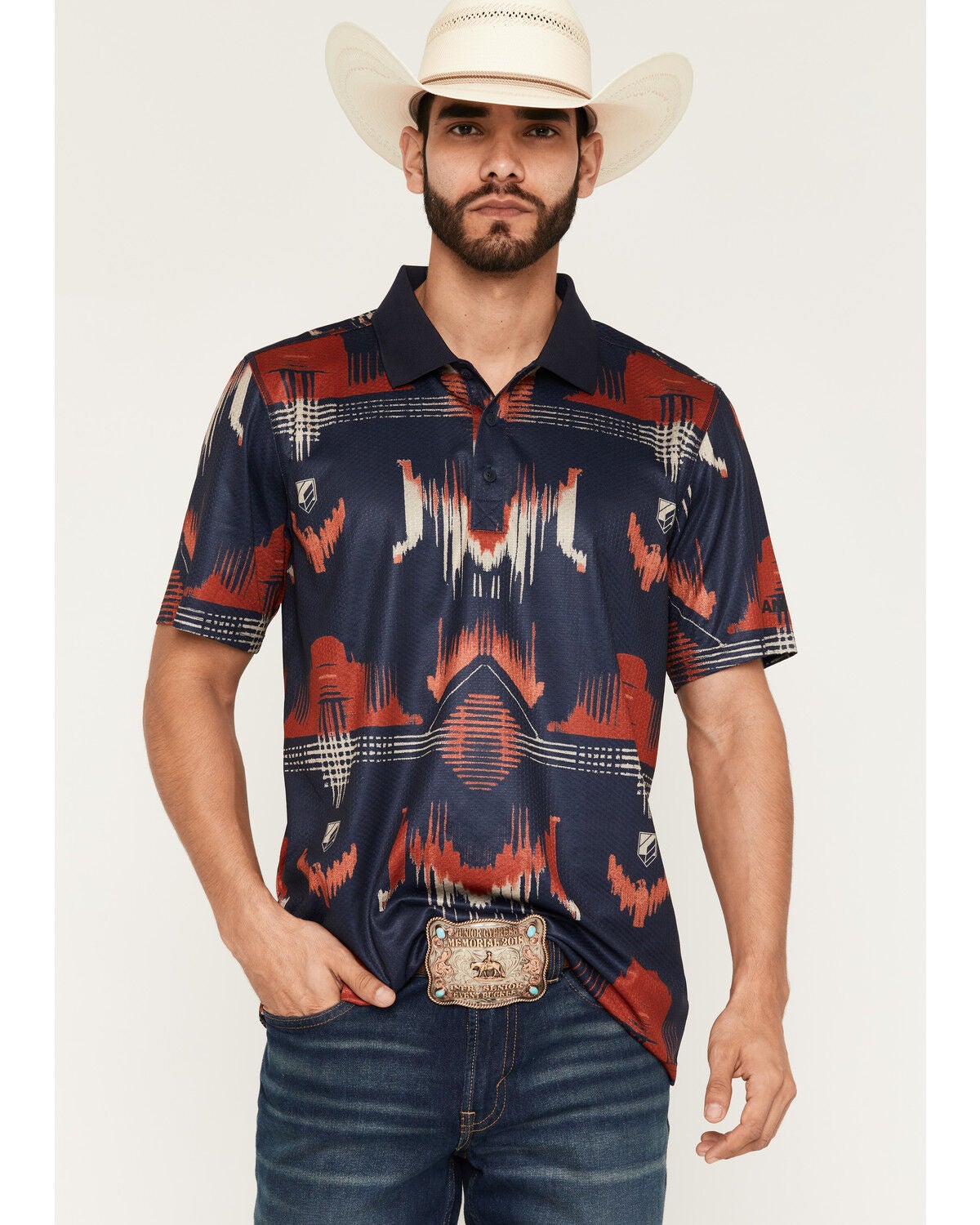 Image #1 - RANK 45&reg; Men's Hokey Southwestern Print Short Sleeve Button-Down Polo Shirt, Blue, hi-res
