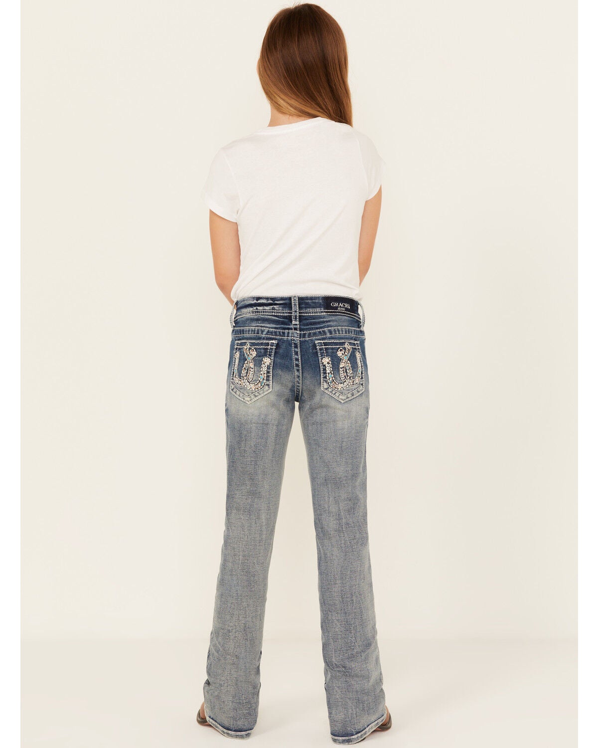 Grace In LA Girls' Double Horseshoe Embroidered Bootcut Stretch Denim Jeans, Blue, hi-res