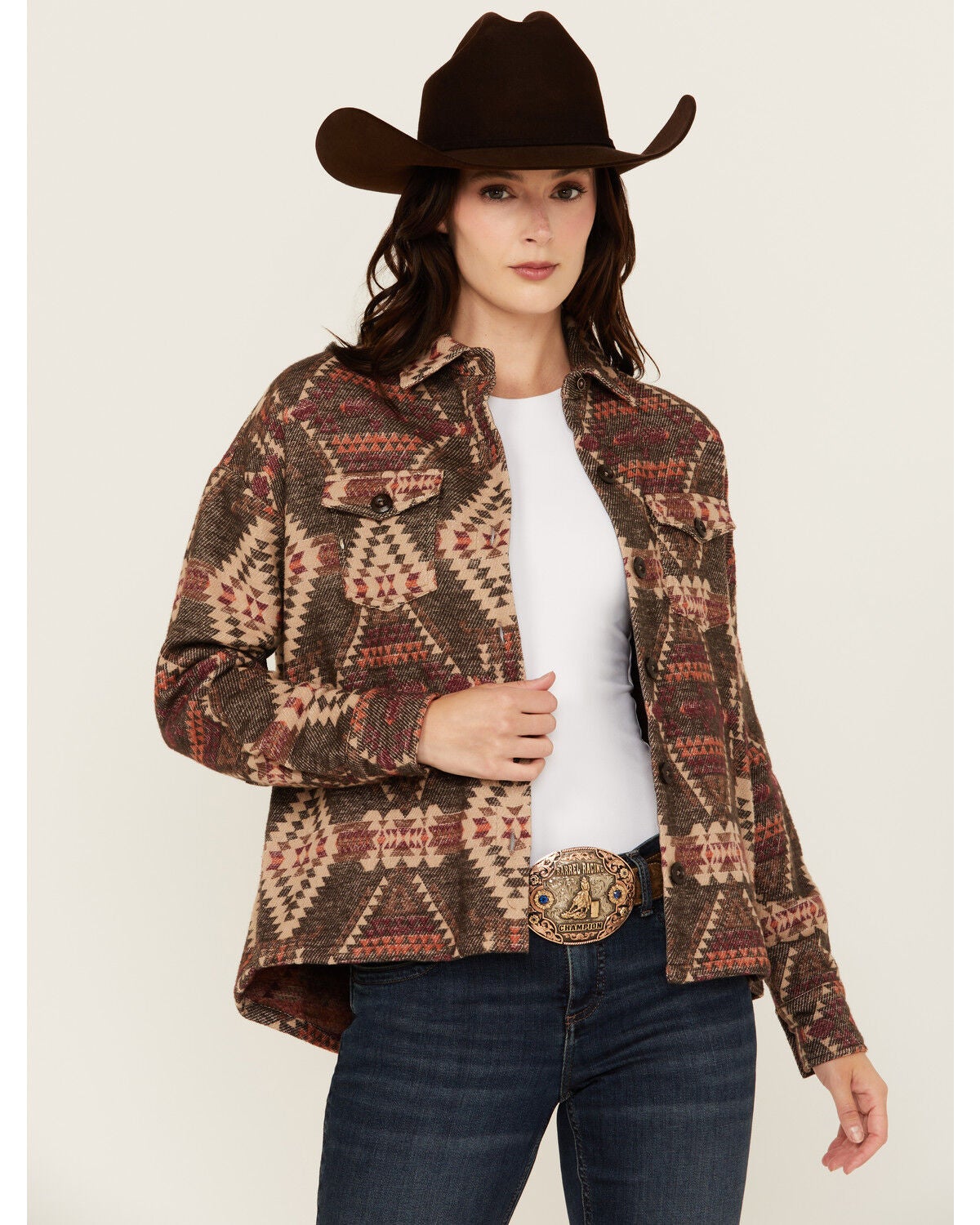 Rock & Roll Denim Women's Southwestern Print Shacket, Brown, hi-res