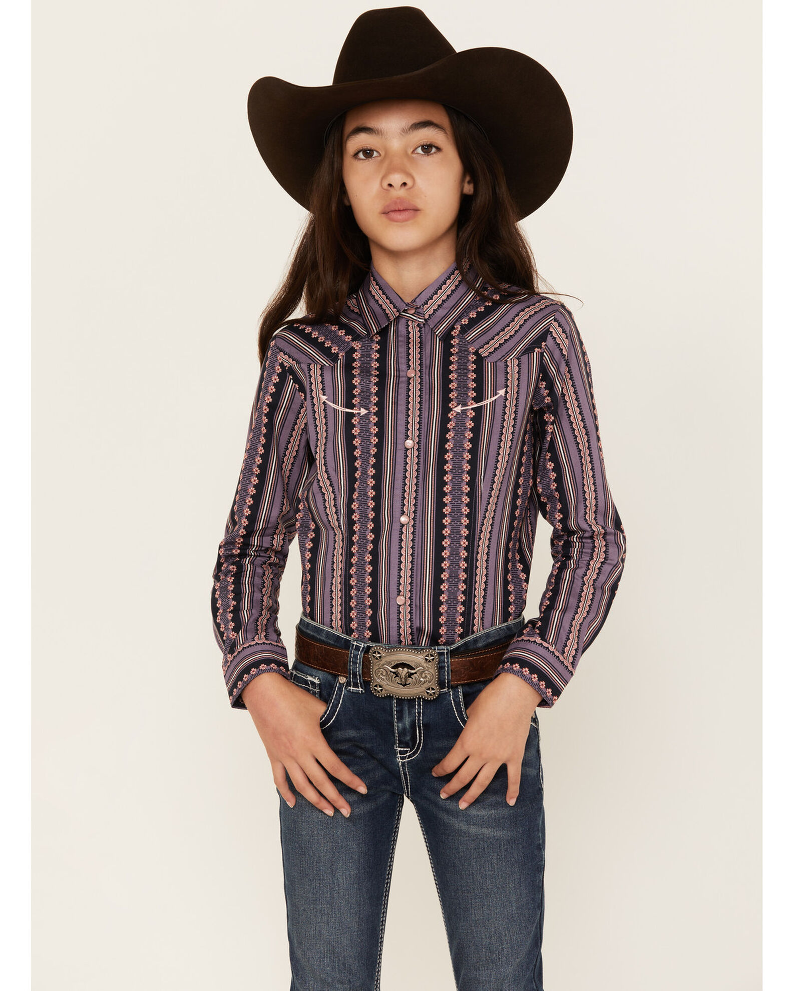 Cruel Girl Girls Wallpaper Stripe Print Long Sleeve Western Pearl Snap Shirt Sheplers