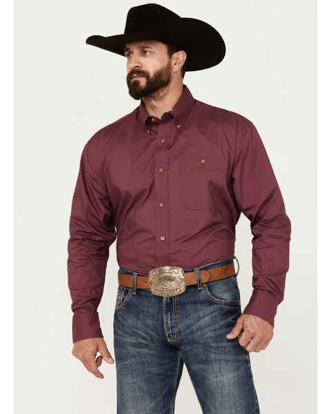 George Strait by Wrangler Men's Solid Long Sleeve Button-Down Western Shirt - Big , Wine, hi-res