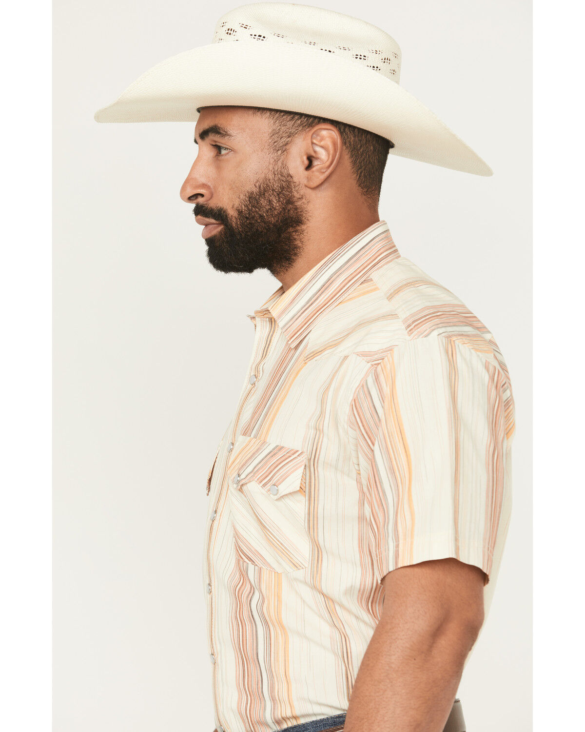 Image #2 - Panhandle Slim Men's Stripe Print Short Sleeve Snap Western Shirt, Cream, hi-res