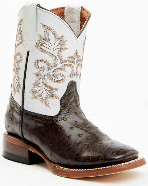 Tanner Mark Boys' Ostrich Print Western Boots - Broad Square Toe, Brown, hi-res