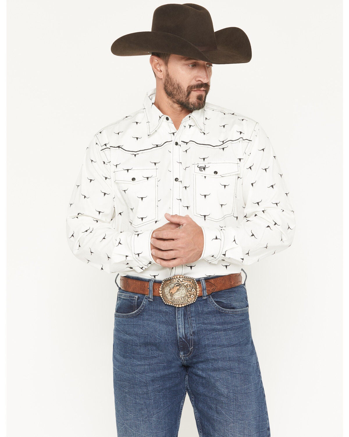 Cowboy Hardware Men's Steerhead Print Long Sleeve Snap Stretch Western Shirt, White, hi-res