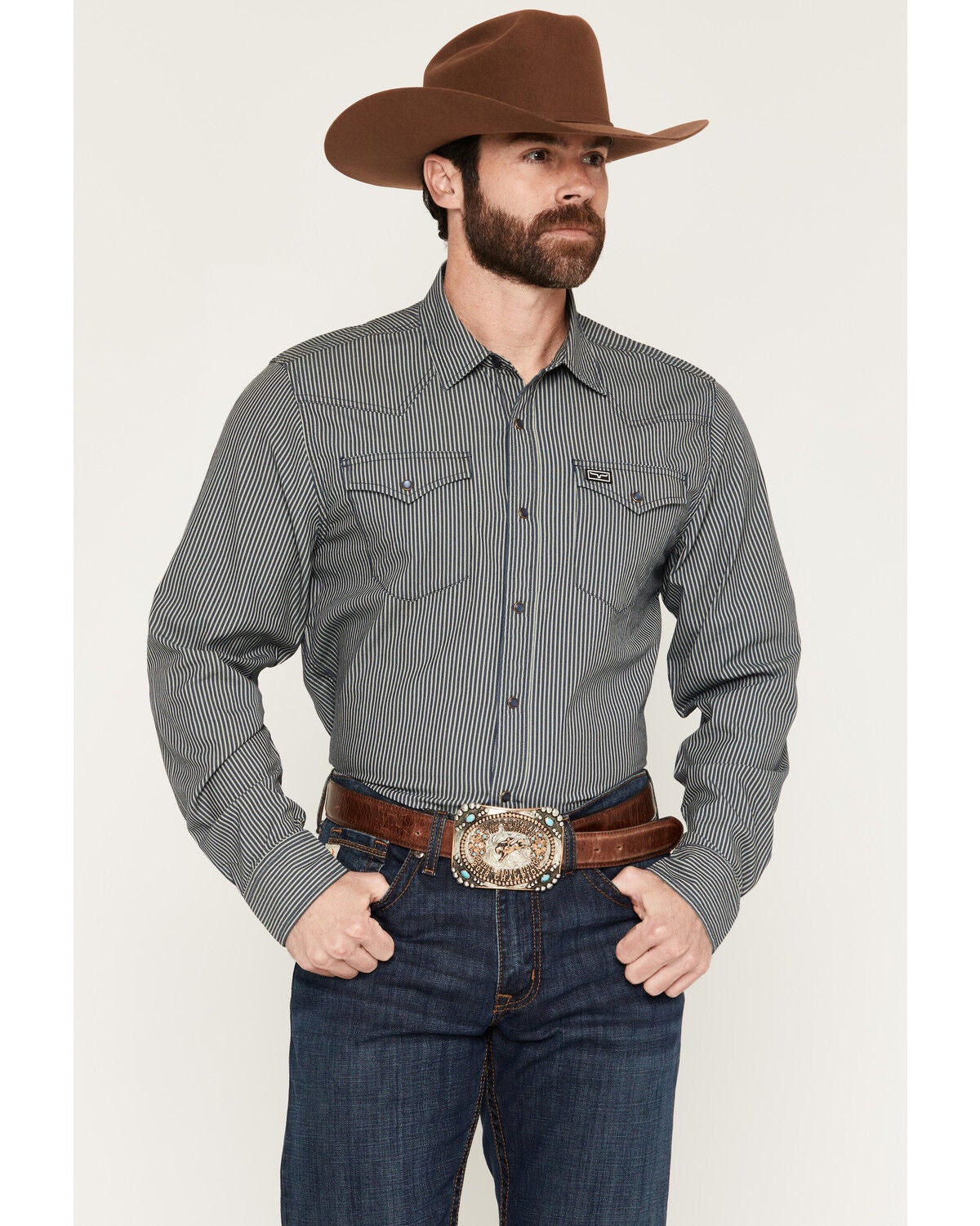 Image #1 - Kimes Ranch Men's Quentin COOLMAX&reg; Striped Print Long Sleeve Snap Stretch Western Shirt, Navy, hi-res