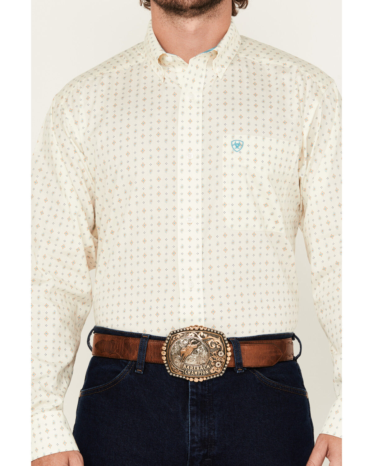 Image #3 - Ariat Men's Wrinkle Free Griffin Geo Print Long Sleeve Button-Down Western Shirt - Tall, Cream, hi-res
