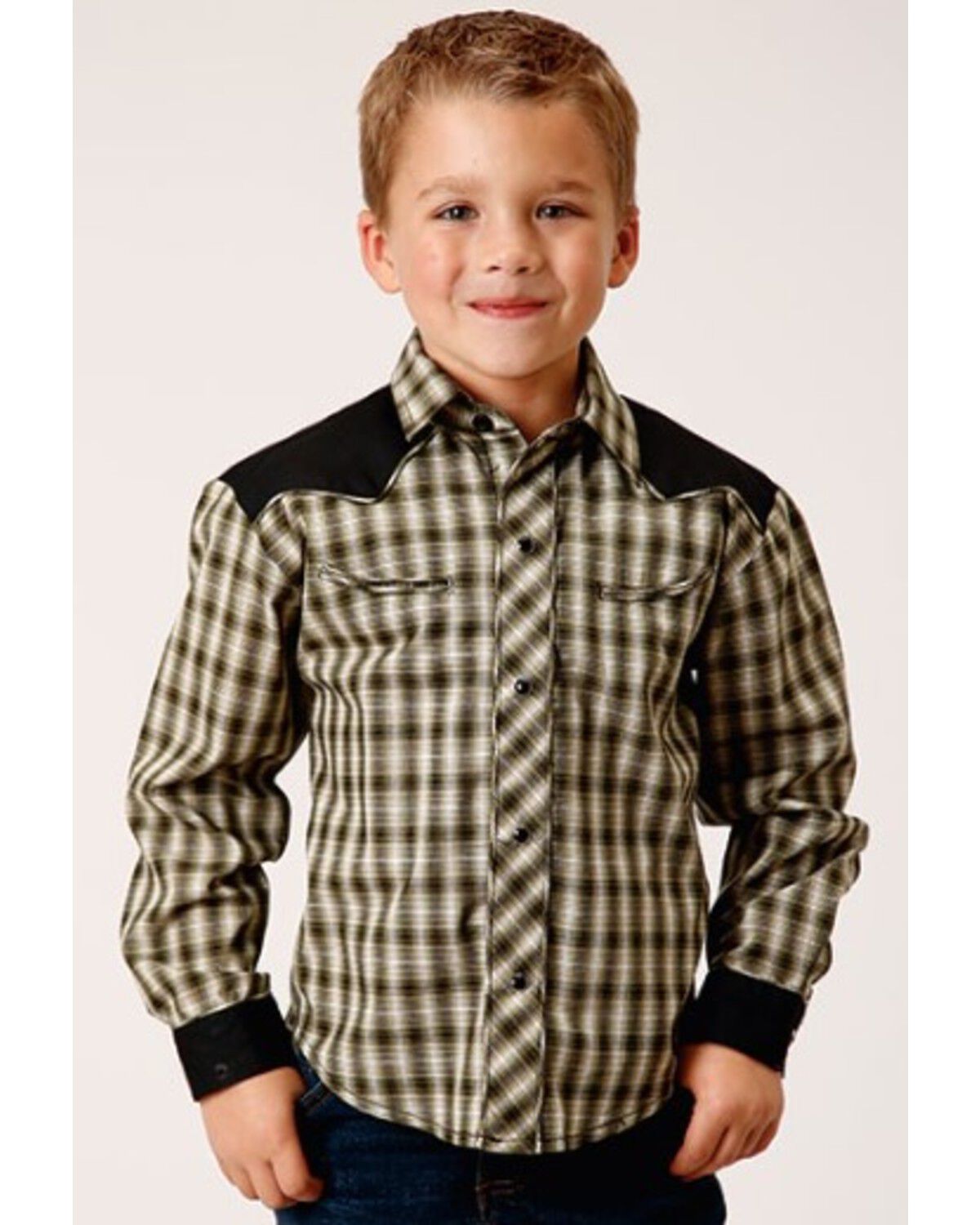 Image #1 - Roper Boys' Plaid Print Long Sleeve Snap Western Shirt, Green, hi-res