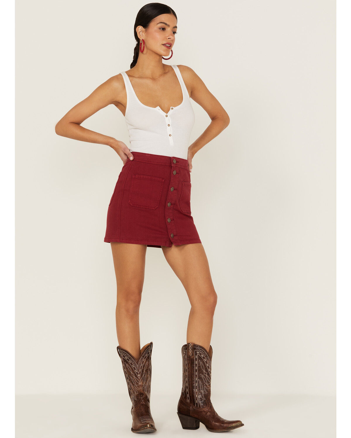 Image #1 - Shyanne Women's Button Front Denim Mini Skirt, Red, hi-res