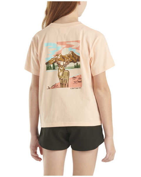Image #1 - Carhartt Girls' Deer Short Sleeve Pocket Graphic Tee, Peach, hi-res