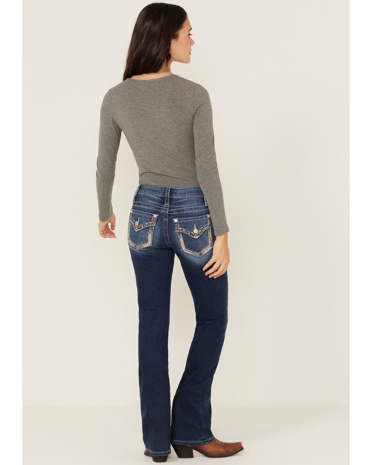 Image #1 - Shyanne Women's Mid Rise Dark Wash Bootcut Paisley Faux Flap Stretch Denim Jeans, Dark Wash, hi-res