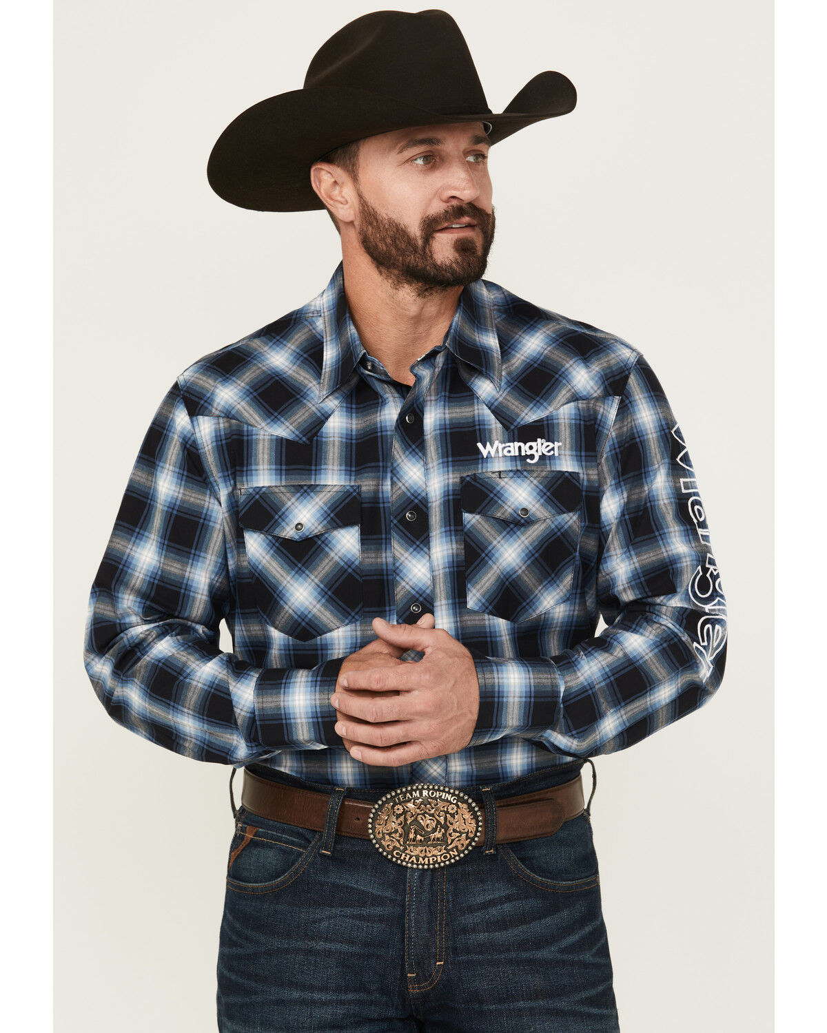 Image #1 - Wrangler Men's Embroidered Plaid Print Long Sleeve Snap Western Shirt, Black, hi-res